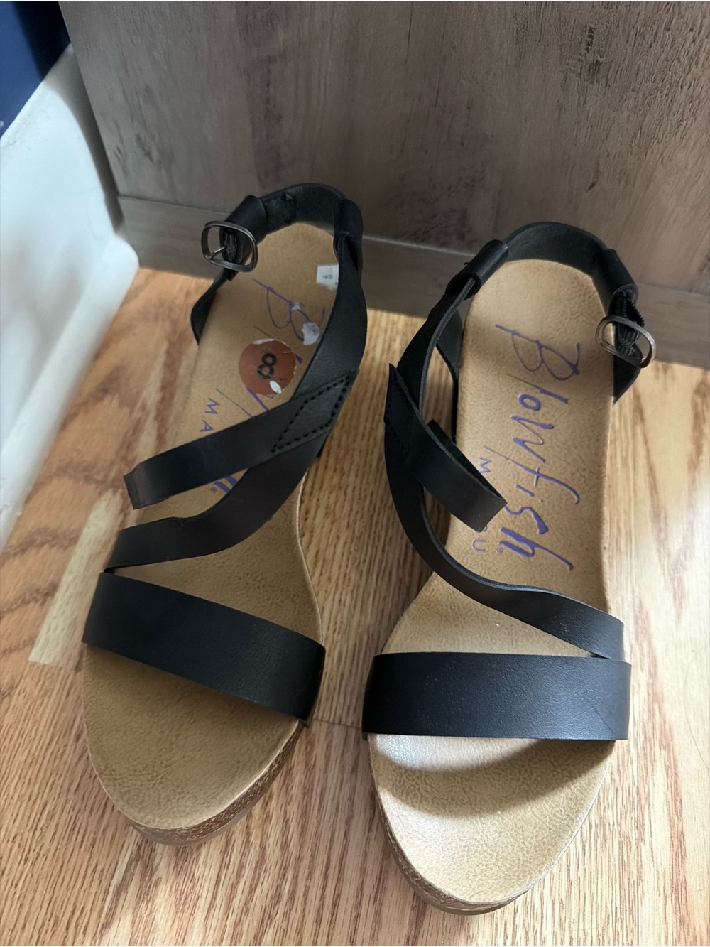 Blowfish Black Strappy Wedge Sandals with Ankle Buckle